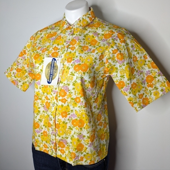 NWT Vintage Miss Holly deadstock yellow orange floral button up short sleeve 34 - Picture 2 of 7
